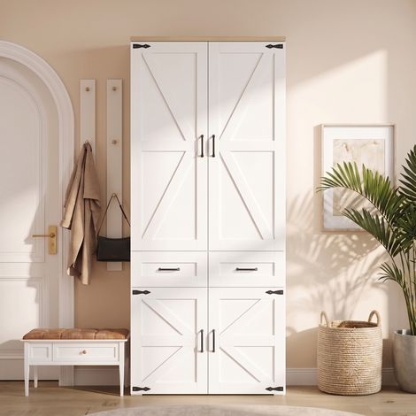 Armoire à portes battantes, 90 x 50 x 200 cm, style portes de grange, avec 4 portes, 2 tringles et 5 tiroirs, style campagne, pour chambre, entrée et chambre d'enfant, blanche (1/5)