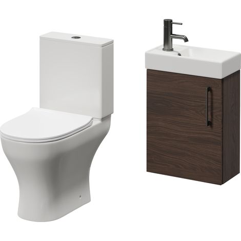Napoli Cube Brown Oak 400mm Single Door Wall Mounted Vanity Unit and Jubilee Toilet Suite with Align Basin - 400mm - Gunmetal Grey 160mm Handle