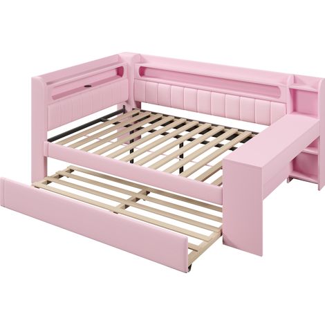 Lit de jour rembourré 140x200 avec ports USB et bande LED, avec lit gigogne et bureau, rose (1/5)