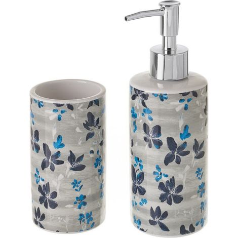 Set Salle de Bain Blanc et Bleu Floral - Distributeur Savon + Verre