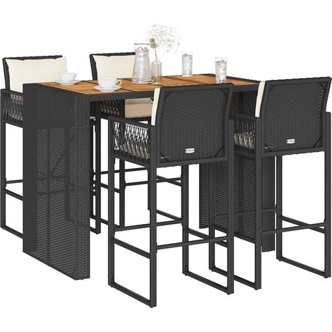 5-tlg. Gartenbar-Set mit Kissen Schwarz Poly Rattan Akazie (1/5)