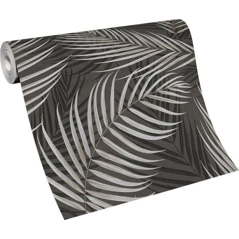 Papier peint moderne noir avec motif végetal argenté | Tapisserie à motif feuilles anthracite & argent | Papier peint fleuri tendance pour bureau (1/4)