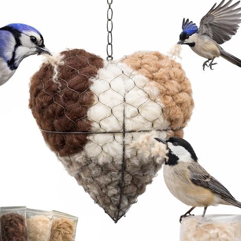 Nid d'oiseau fait à la main en forme de cœur en fibre d'alpaga, matériau de nidification pour oiseaux sauvages, canaris, colibri, décoration de jardin à suspendre (1 pièce) (1/5)