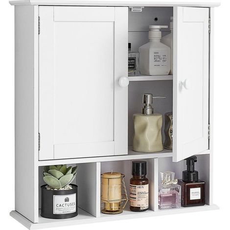 Armoire Murale Salle de Bain 2 Portes Étagère Réglable Meuble Rangement Suspendu WC Blanc 560x180x585 mm (1/5)