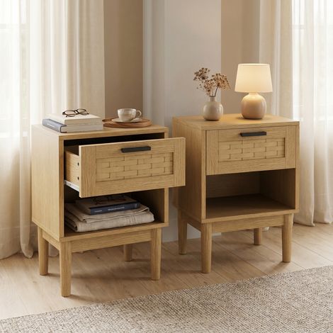 Set di 2 Comodini, 40x30x55 cm, con cassetto e scomparto aperto, in legno e metallo, stile rattan, legno naturale (1/5)