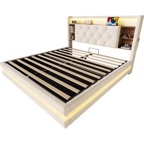 Cama con almacenaje 140 x 200 cm de terciopelo beige con LED, USB y cabecero multifunción (1/5)