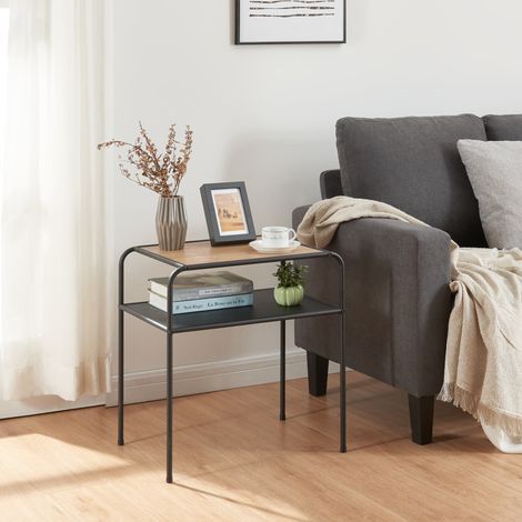 Mesa auxiliar Krødsherad con estante MDF metal 55x51x36 cm - Negro/Roble [en.casa]