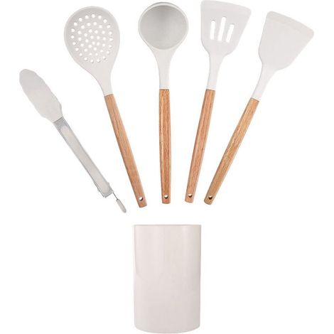 5 ustensiles de cuisine en silicone beige avec manches en bois, étui inclus (1/2)