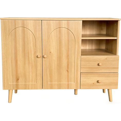 Credenza con ante curve, 2 ante, 2 cassetti e 2 vani aperti, naturale (1/5)