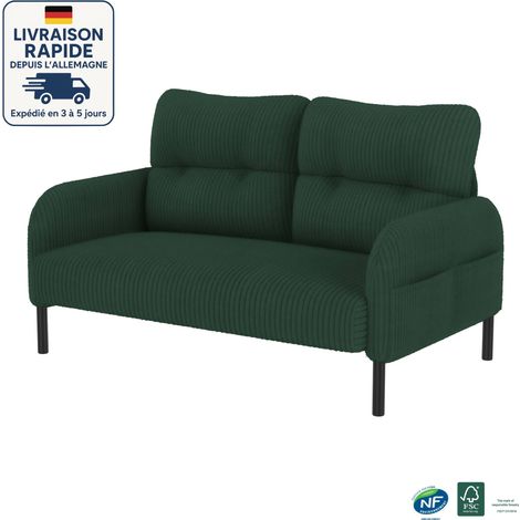 Sofá de terciopelo - Asiento cómodo - Bolsillos laterales a cada lado de los reposabrazos - Construcción sólida - Estilo escandinavo - Madera con certificación PEFC - 2 plazas - Verde esmeralda (1/5)