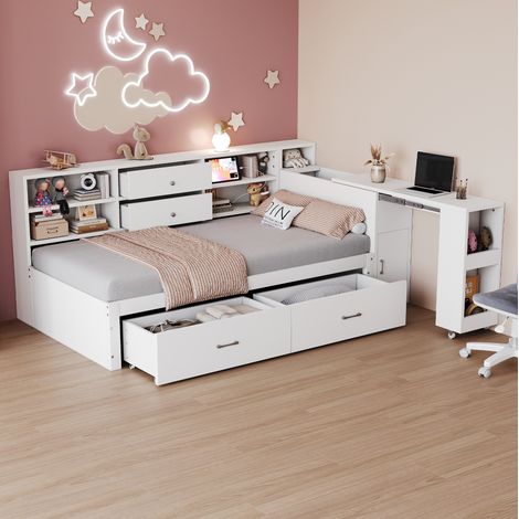 Multifunktionsbett 90 x 200 cm mit Stauraum, ausziehbarem Schreibtisch, USB-Anschlüssen, weiß (1/5)