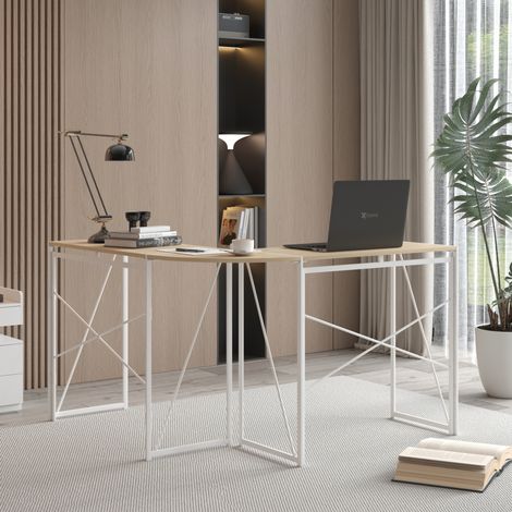 REDOM escritorio esquinero en L, para oficina y estudio, amplio espacio de trabajo, metal y madera, roble blanco