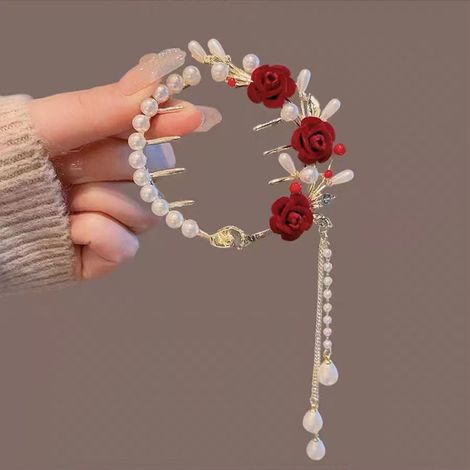 Pince À Cheveux - Boucle Pour Queue De Cheval - Décor En Perle Et Pompon Floral - Pour Coiffure Updo Ou Semi-Retournée - 1 Pièce (1/5)