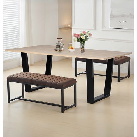 Hallowood Furniture Dudley Dining Table with Bench Set 2, 180cm Kitchen Table with U Shaped Metal Legs and Brown Leather Effect Dining Benches Ideal for Home, Kitchens and Offices (1/5)