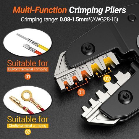 Pince à Sertir, Preciva DoPont Circlip Pince a Sertir pour ATX/EPS/PCIE/SATA Connecteur Bêche, 0.08-1.5mm²/28-16 AWG Pince à Sertir à Cliquet Pince a Cosse pour Les Travaux Électriques (1/4)