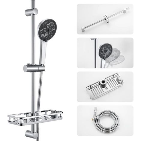 Duschstange Komplettset ohne Duscharmatur, mit ohne Bohren Ablage, 5-fach Handbrause-Höhenverstellbarer, Edelstahl Schlauch, 70cm Duschsystem mit Duschbrause für Kabine/Badewannen, ohne Regendusche (1/5)