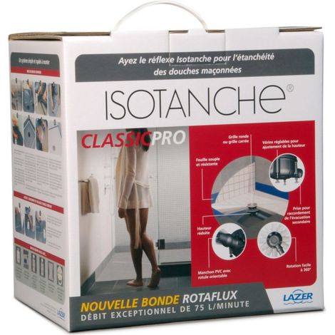 Lazer – Bonde de douche Isotanche Classic Pro – Grille carrée 130x130mm – Sortie verticale Ø50mm – Débit 75l/min – Feuille d'étanchéité 1200x1200mm (1/6)