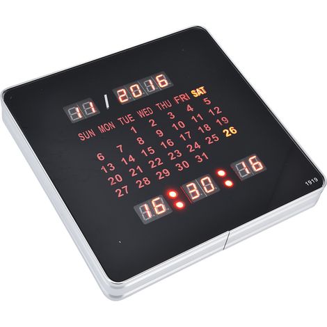 Horloge LED 100-240V, calendrier perpétuel numérique mural, design minimaliste, éclairage nocturne, taille 19x19cm, lettres rouges, pile intégrée incluse, prise européenne (1/5)