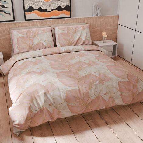 Housse de Couette 1,5 Place 200x200 cm 1 Taie 50x80 cm Incluse, Parure en Microfibre Imprimée Tropical Poudre O (1/5)