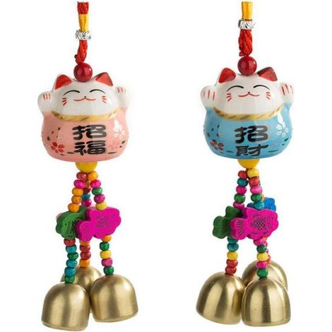 Windspiel Maneki Neko 2er Set Glückskatze mit Glocken, Japanischer Stil, Pink+Blau