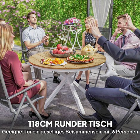 Table de jardin Ø118 cm en aluminium résistant aux intempéries, table de balcon à pieds croisés, design lattes teck, meuble d'appoint extérieur (1/4)