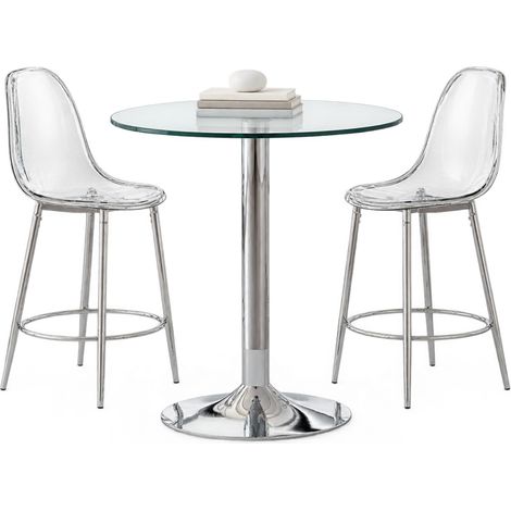 ELVMI Set Tavolo e Sedie da Bar con 1 Tavolo Rotondo e 2 Sgabelli, Vetro Metallo e Plastica, Argento Trasparente (1/5)