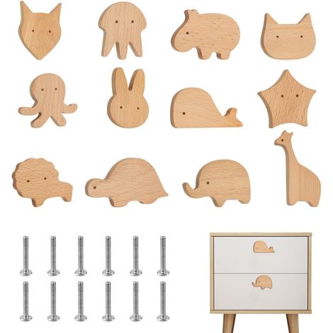 12 maniglie in legno carine per mobili, pomelli per cassetti a forma di animale, pomelli per ante di armadi con 12 viti, piccole maniglie per armadi, cassettiere e toelette per bambini. (1/5)