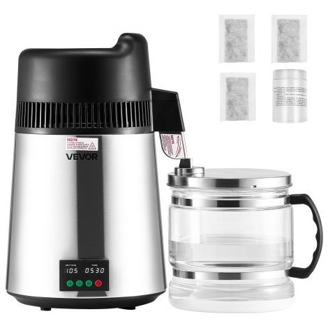 Destilador de Agua Pura de 6 L, para Encimeras de Casa, Destilador de Vidrio Efectivo de 900 W, Interior de Acero Inoxidable, para Preparar Agua Limpia, Color Plateado, 300 x 300 x 500 mm (1/5)