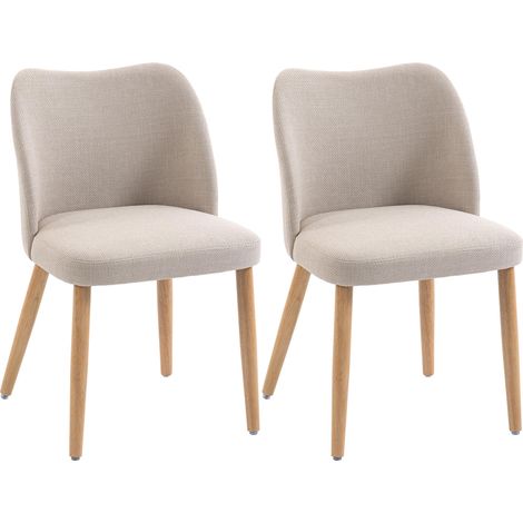 Ensemble de 2 chaises de salle à manger en tissu effet lin et bois d'hévéa, assise rembourrée, dossier incurvé, couleur crème. (1/4)