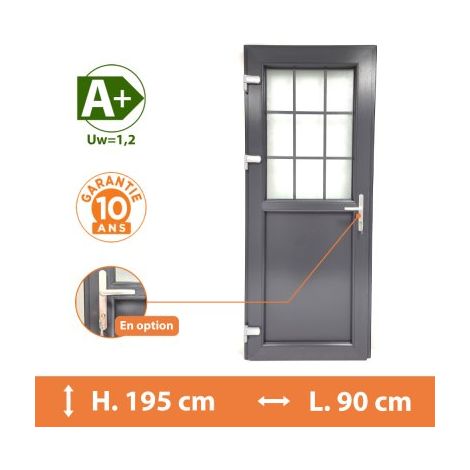 Direct Fenêtres – Porte de service PVC 1/2 vitrée croisillons – Gris anthracite RAL 7016 – Double vitrage clair – H.195 x l.90 cm – Isolation thermique optimale