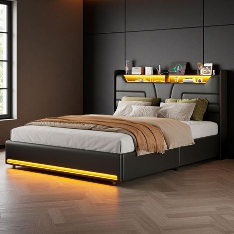 Doppelbett - Bett 140x190 cm - Truhenbett - Integrierte LED - Gepolsterte Kopfteil aus grauem Leder