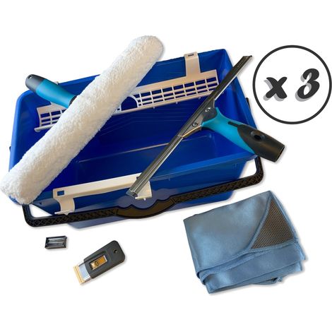 Kit laveur de vitres hyper pro Avec seau mouilleur raclette grattoir chiffon - Quantité x 3 - Ensemble 5 éléments