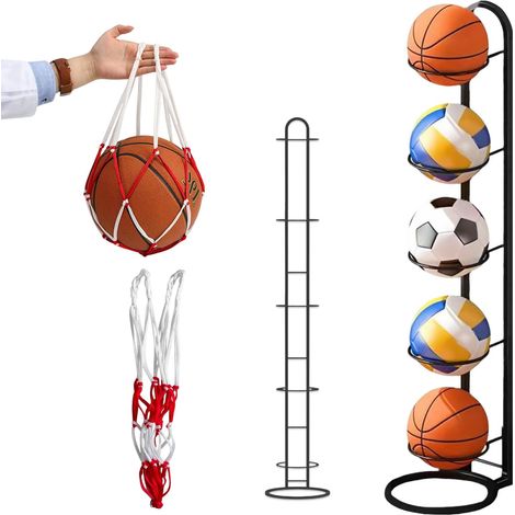 Support Ballon Foot avec Une Poche en Filet Étagère de Rangement pour Basket Ball à 5 Niveaux en Fer Support de Rangement pour Balles Équipements Sportifs Football Volleyball (1/5)