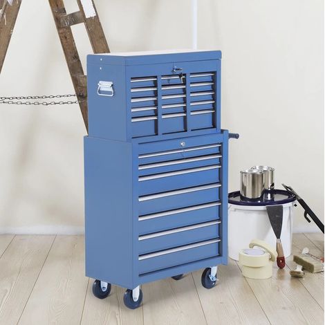 Chariot d'atelier en acier bleu avec roues, serrure et clés (1/5)