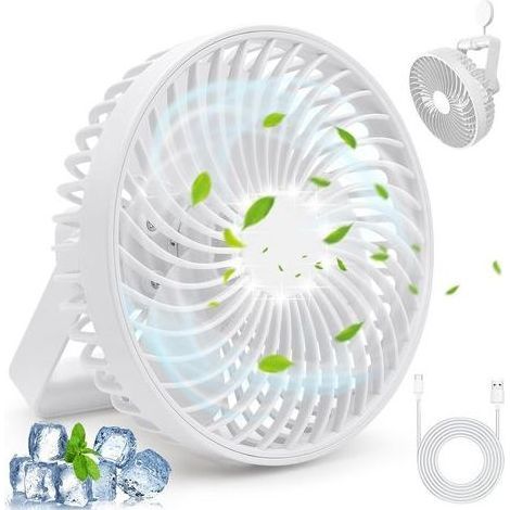 Ventilateur de bureau USB silencieux et puissant : ventilateur personnel rechargeable à 4 vitesses avec lumière LED
