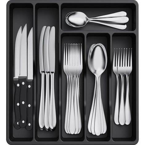 Vassoio organizer compatto in plastica nera a 6 scomparti per posate e argenteria, da riporre nel cassetto della cucina.