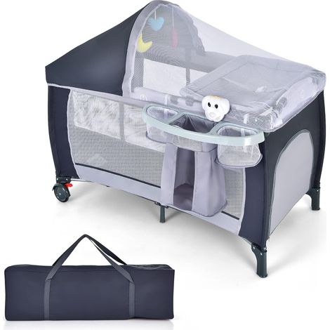 COSTWAY 4 in 1 klappbares Reisebett & Babywiege & Wickeltisch & Laufstall mit Schaukelfunktion, inkl. Spieluhr, Spielbogen, Wickelauflage, Matratze, Windel Organizer und Tragetasche Grau