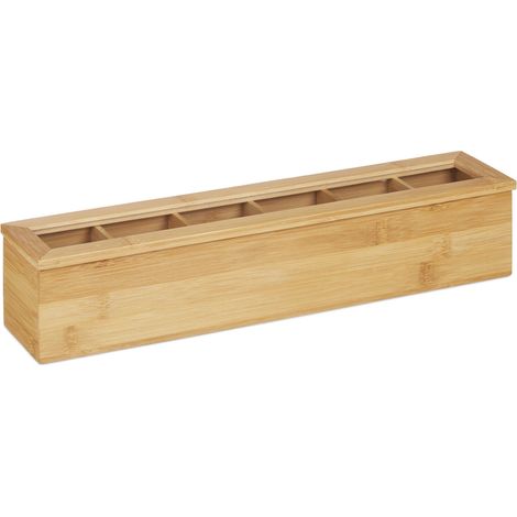 Boîte à thé allongée avec couvercle vitré 30 x 10 x 10 cm gain de place décoration naturelle en bambou beige (1/4)