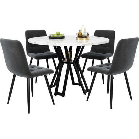 Ensemble table ronde et 4 chaises, diamètre 100 cm, plateau blanc effet marbre, sièges en velours gris et pieds noirs (1/5)