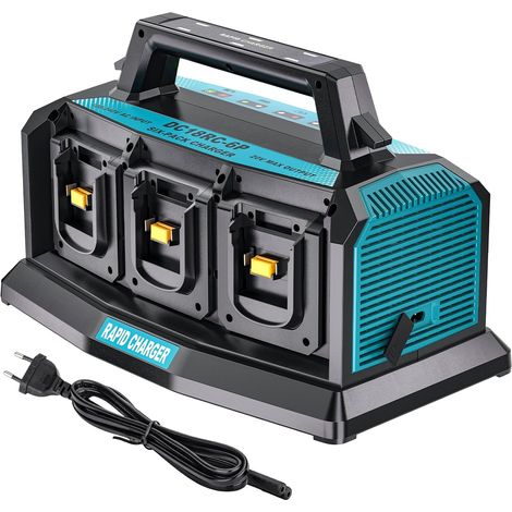 Chargeur 6 ports pour batterie 14,4 V-18 V (Li-Ion, charge simultanée de 6 batteries 18 V, courant de charge de la batterie : 3 A, adaptateur inclus, sans batterie) DC18RC 18 V Chargeur (1/5)