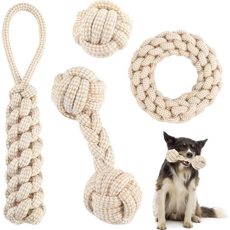 Jouet pour chien en corde avec nœud et balle, lot de 4 jouets pour chiens en 100% chanvre naturel, jouet en corde pour chien, jouet à mâcher pour chien, jouet pour chiens de petite (1/5)