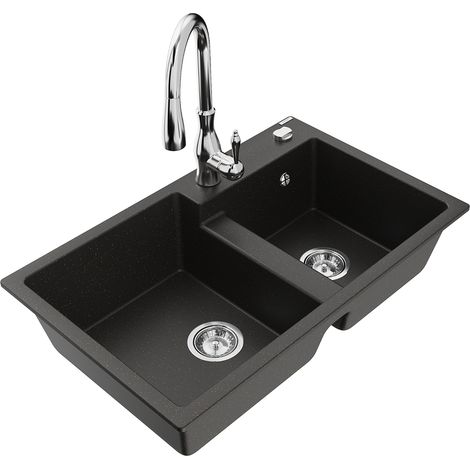 Mexen Tomas Granitspüle doppelt mit Küchenarmatur Savita, schwarz/gold metallic - 6516-75-672601-00 (1/5)