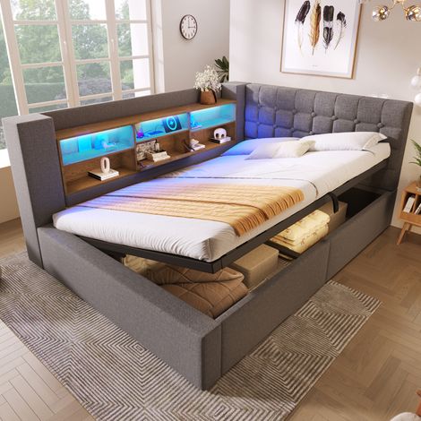 Cama tapizada 140/200 cm gris con LED, almacenaje y cabecero en L (1/5)