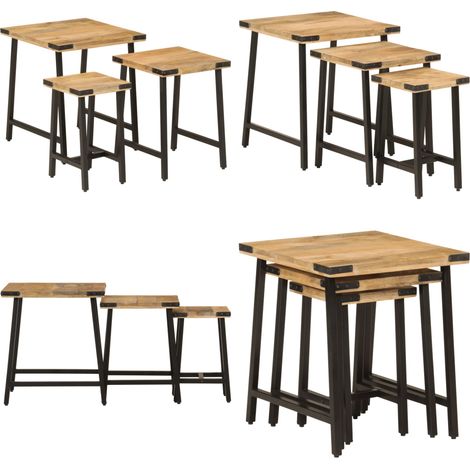 Tables basses gigognes 3 pcs bois massif de manguier et fer - Table Basse Gigogne - Table D'appoint - Ensemble De Tables - Mobilier Petit Espace - Design Scandinave - Home & Living (1/5)