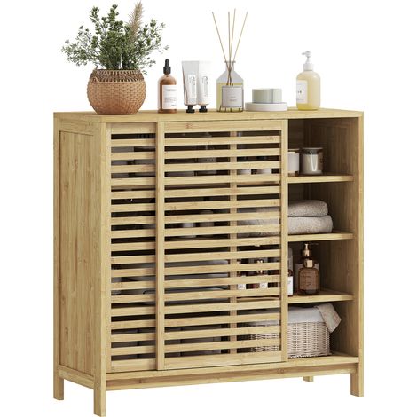 Mueble de baño de bambú con 2 puertas correderas, diseño de espiga, 4 estantes, mueble auxiliar de baño, 80x34x80 cm, natural.
