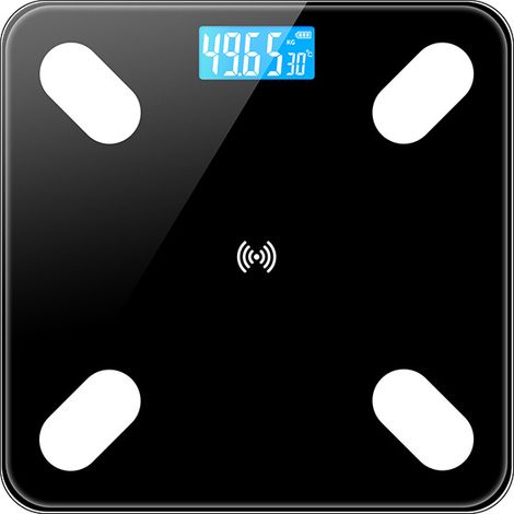 Multifunktionale elektronische Waage, maximale Wiegekapazität 180 kg, wiederaufladbar, 4 hochpräzise Sensoren, gehärtetes Glas - schwarz.