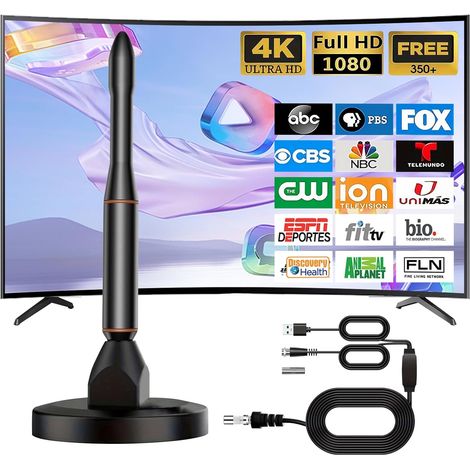 Antenne TV Intérieure TNT HD, 2025 Réception Longue Portée à 360° avec Base Magnétique, Prend en Charge 4K 1080p VHF UHF DVB-T/DVB-T2 (1/5)