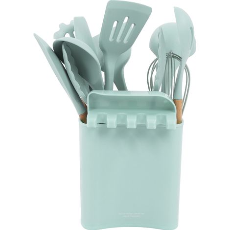 Set de 13 ustensiles de cuisine en silicone vert clair, manches en bois, spatules et cuillères antiadhésives avec support, pour cuisson à domicile (1/5)