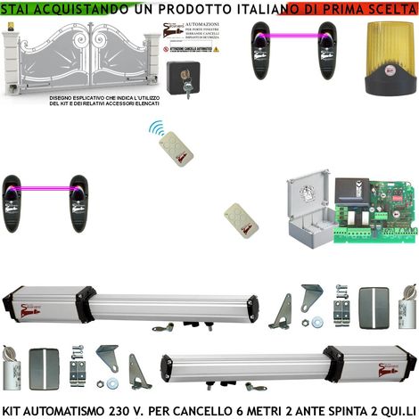 Automazione Cancello 6 Metri 2 Ante Kit Base Motori Elettromeccanici 230 V Corsa 500 mm Spinta 2 Q.li Centrale Con Radio 2 Coppie di Fotocellule 2 Radiocomandi Faro 2 Chiavi Sblocco Cartello Monitore (1/5)