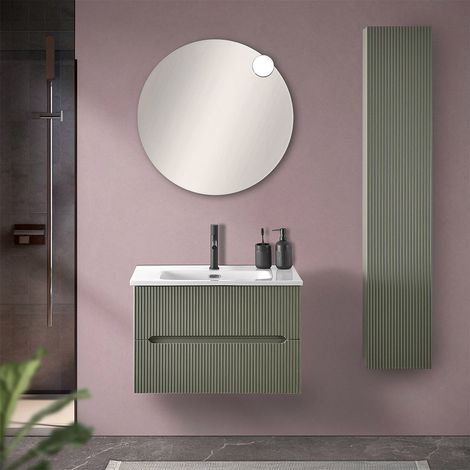 Mobiletto bagno sospeso cannettato 70 cm verde con specchiera Bali (1/5)